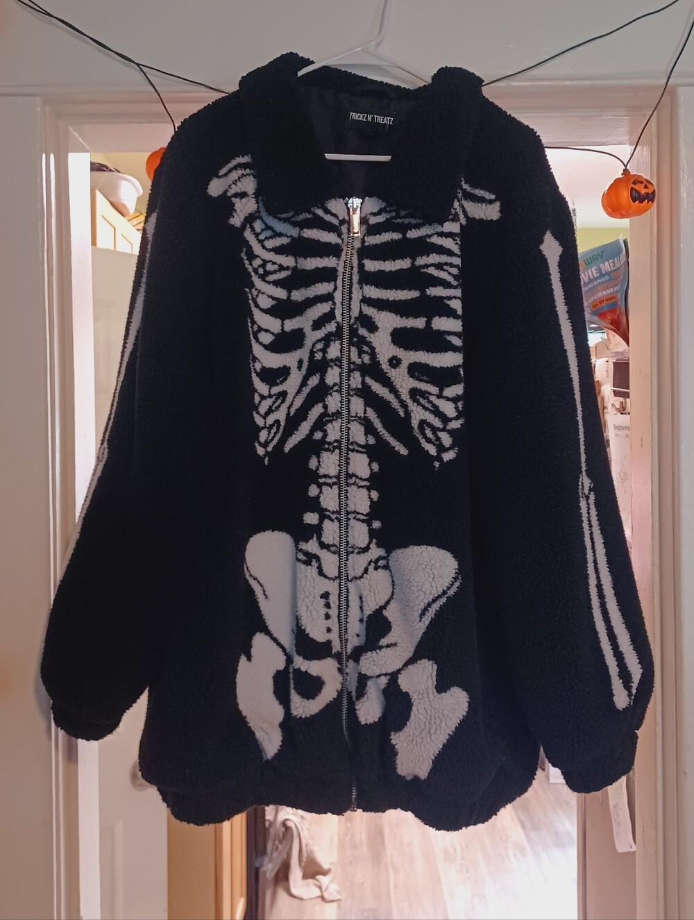 Dolls Kill Trickz N Treatz B&W Skeleton Zip-Up Sherpa Jacket